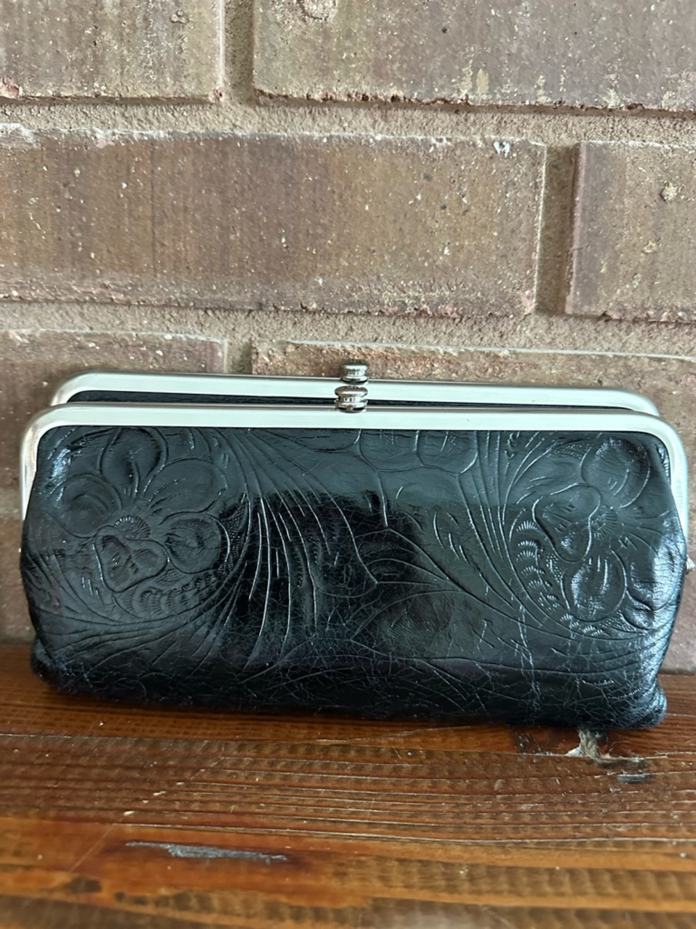 HOBO Lauren Black Embossed Floral Leather Double Frame Clutch Wallet